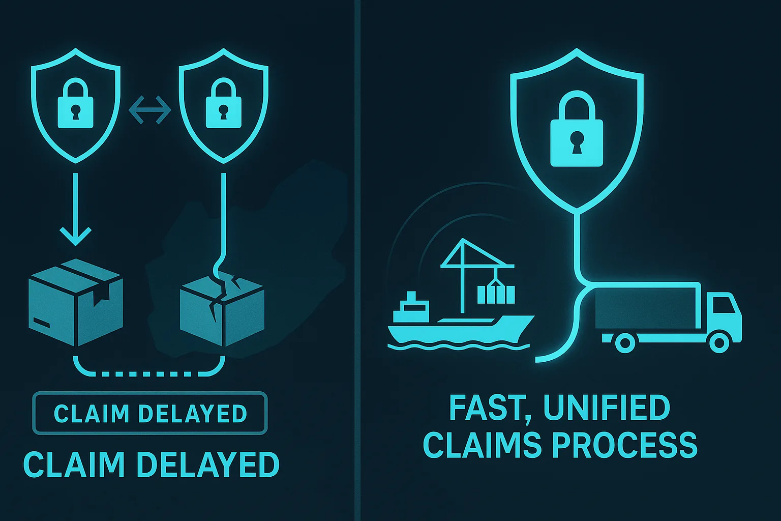 Split infographic comparing two shield icons and damaged boxes labeled "claim delayed" with unified shield linking ship and truck