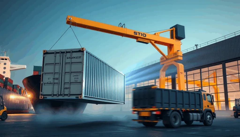 Yellow gantry crane lifting a shipping container above a truck at a port