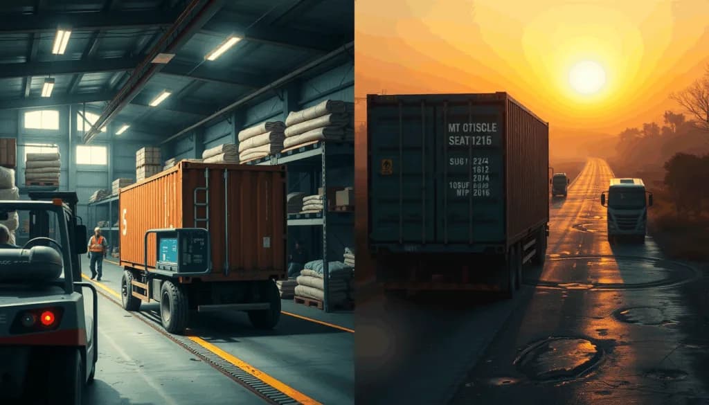 Split scene of a warehouse forklift loading a container and a truck driving at sunset