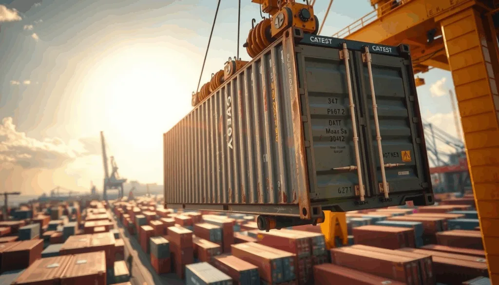 Shipping container suspended mid-air by crane cables above a stacked container yard