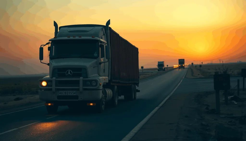 Mercedes-Benz cargo truck driving on a highway at sunset with other trucks ahead