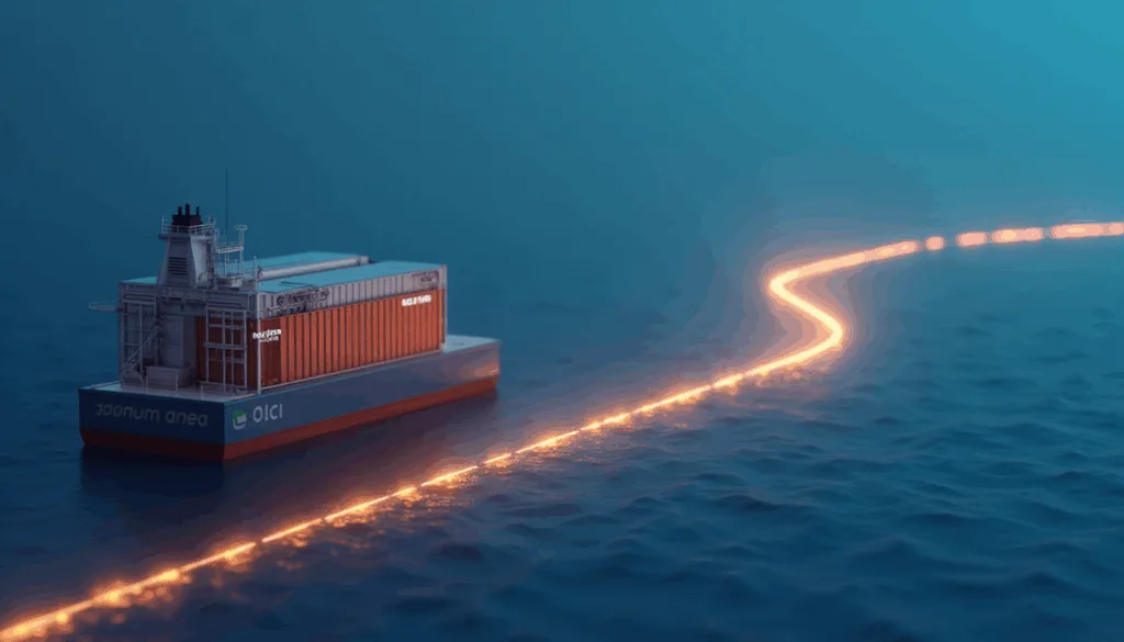 Cargo ship on the ocean at dusk following a glowing orange winding light trail