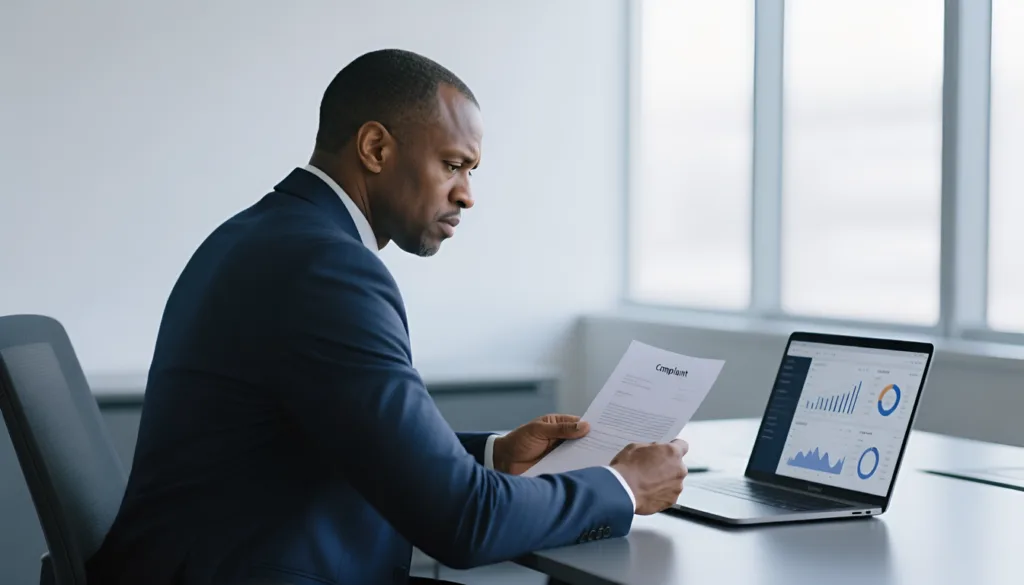 Businessman in a navy suit reviewing a contract beside a laptop showing charts