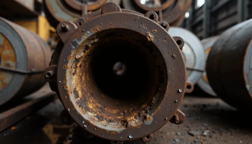 Close-up of a rusted, corroded pipe flange with bolt holes, stacked among similar industrial pipes
