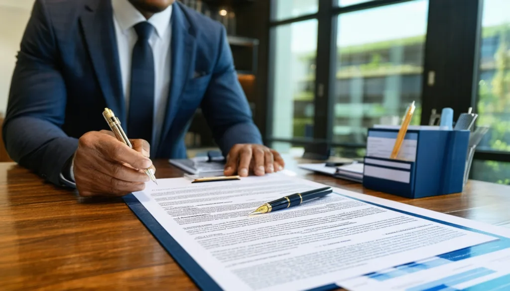 Businessman in a suit signing an insurance policy document with a fountain pen on a desk