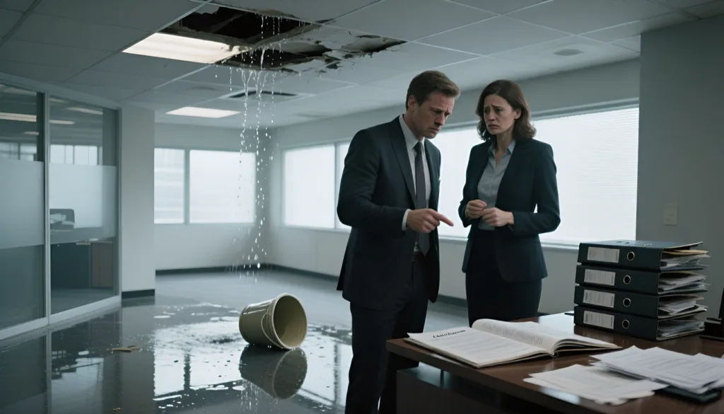 Man and woman in business suits discussing water leak flooding an office ceiling and floor
