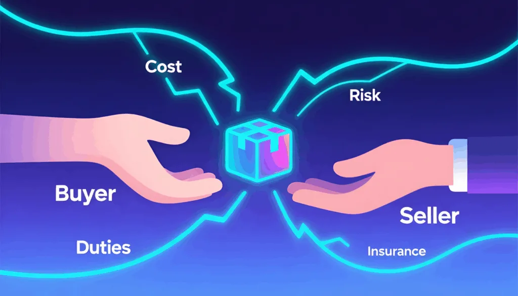 Buyer's and seller's hands passing a glowing cube linked to cost, risk, duties, and insurance