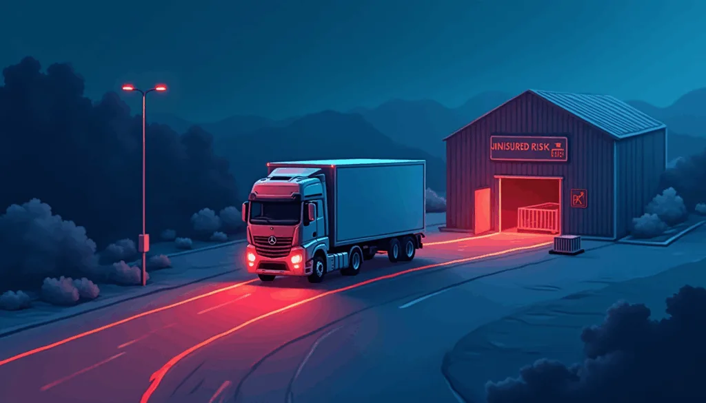 Semi-truck driving at night past a warehouse marked "uninsured risk" with red glowing lights