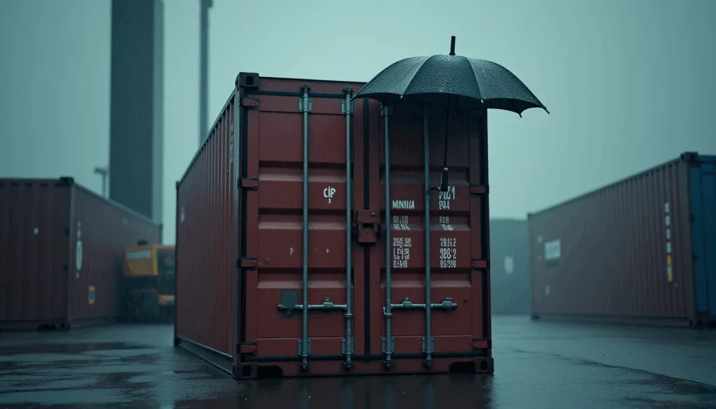 A red shipping container in the rain, sheltered by an open black umbrella