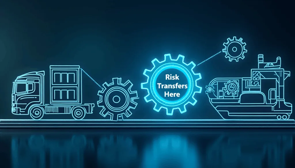 Glowing blue line-art of a truck, gears labeled "Risk Transfers Here," and a cargo ship