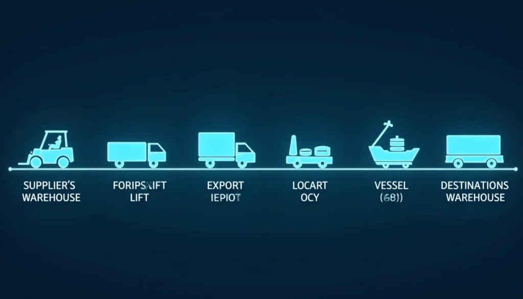 Glowing icon timeline showing supply chain stages from supplier's warehouse to destination warehouse via truck and vessel
