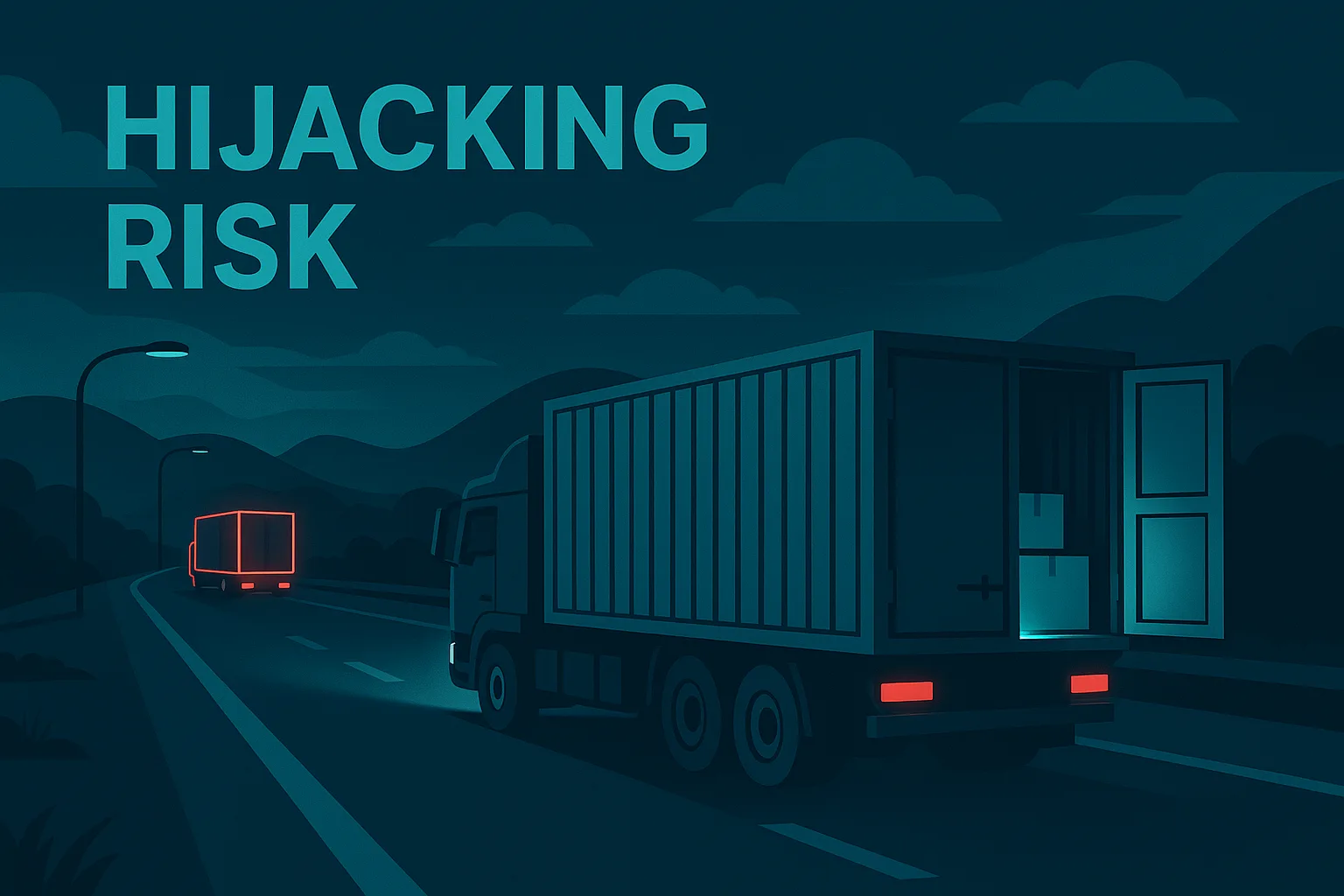 Illustration of a cargo truck with open rear doors on a dark highway, text reading "Hijacking Risk