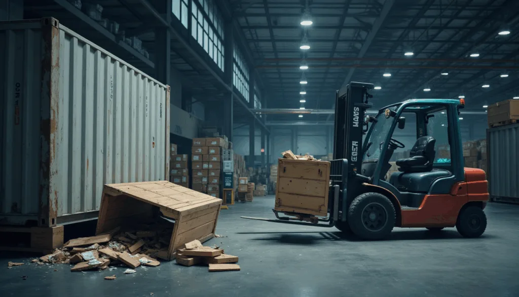 Forklift lifting a broken wooden crate beside a shipping container in a warehouse