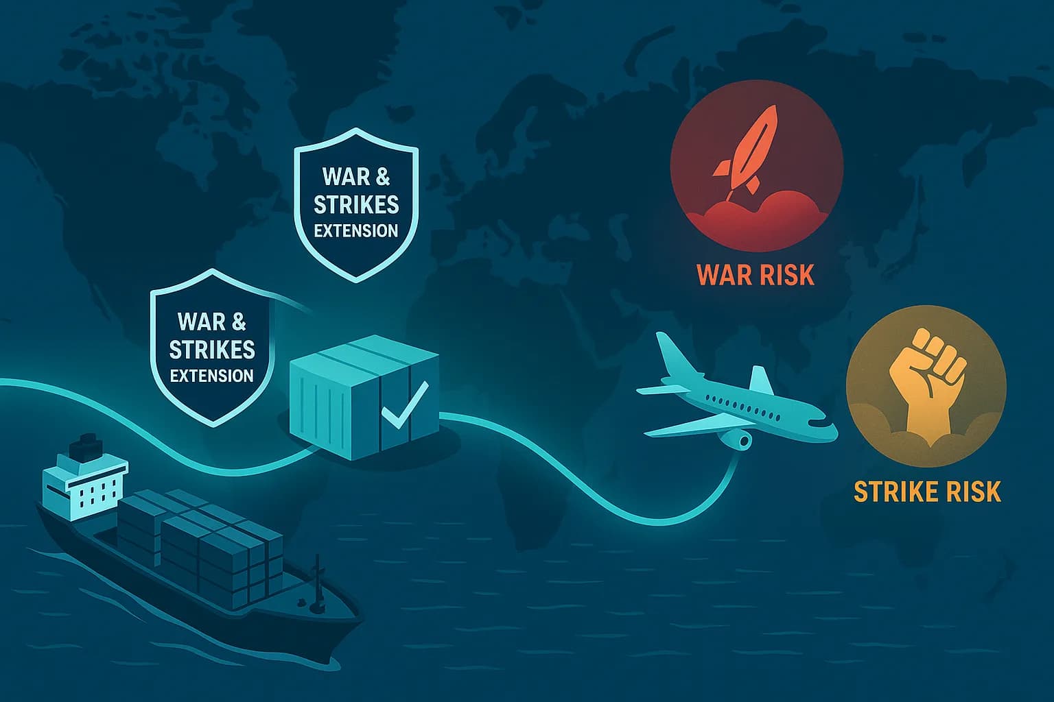 Illustration of a cargo ship and plane with War & Strikes Extension shields, war risk and strike risk icons