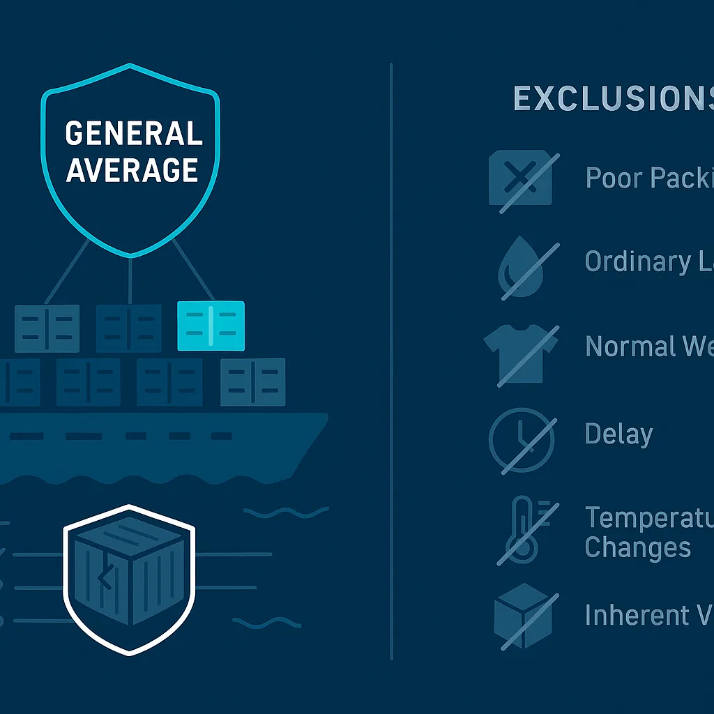 Infographic showing General Average shield above cargo ship and list of insurance exclusions