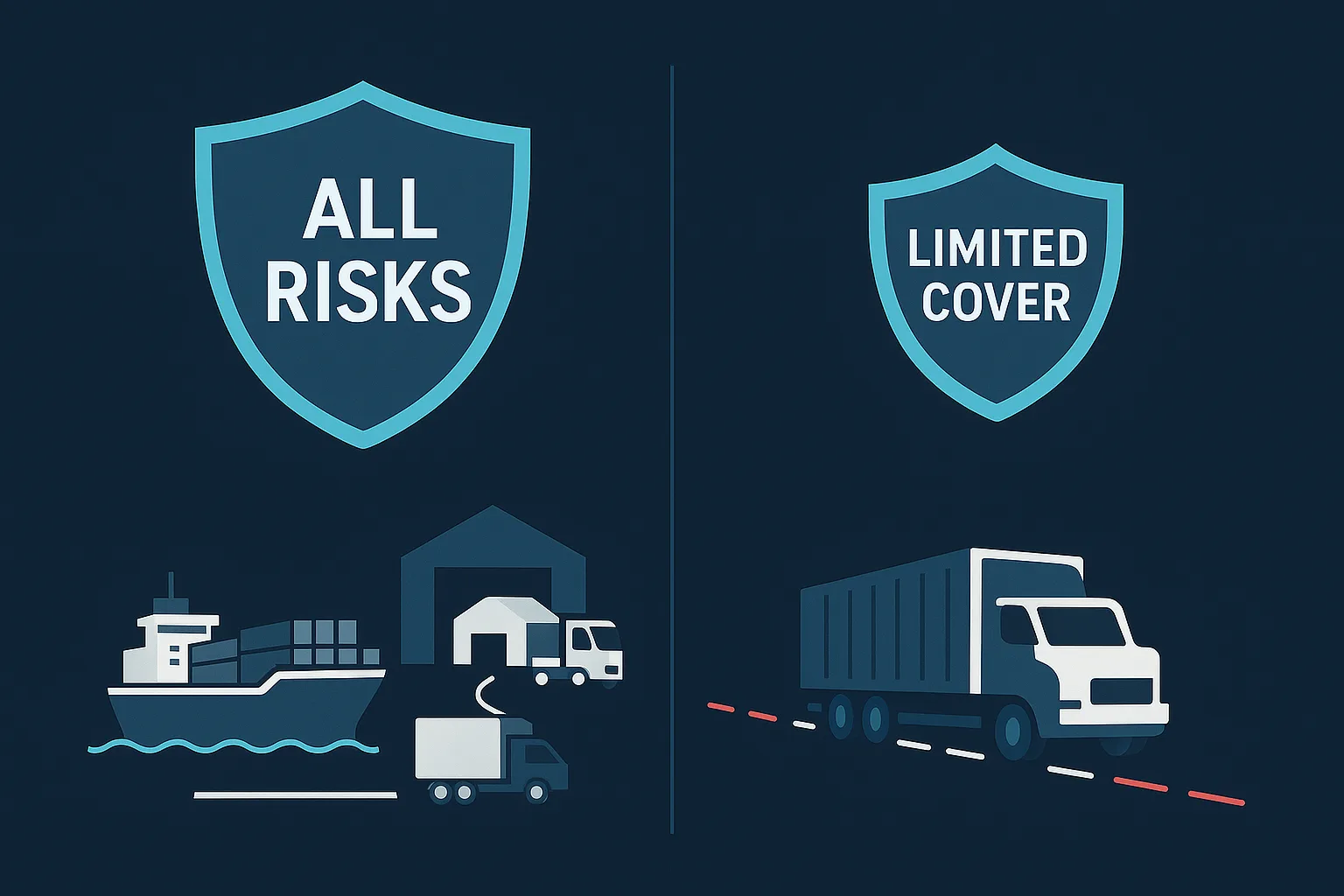 Infographic comparing "All Risks" shield icon with cargo ship/truck versus "Limited Cover" shield with single truck