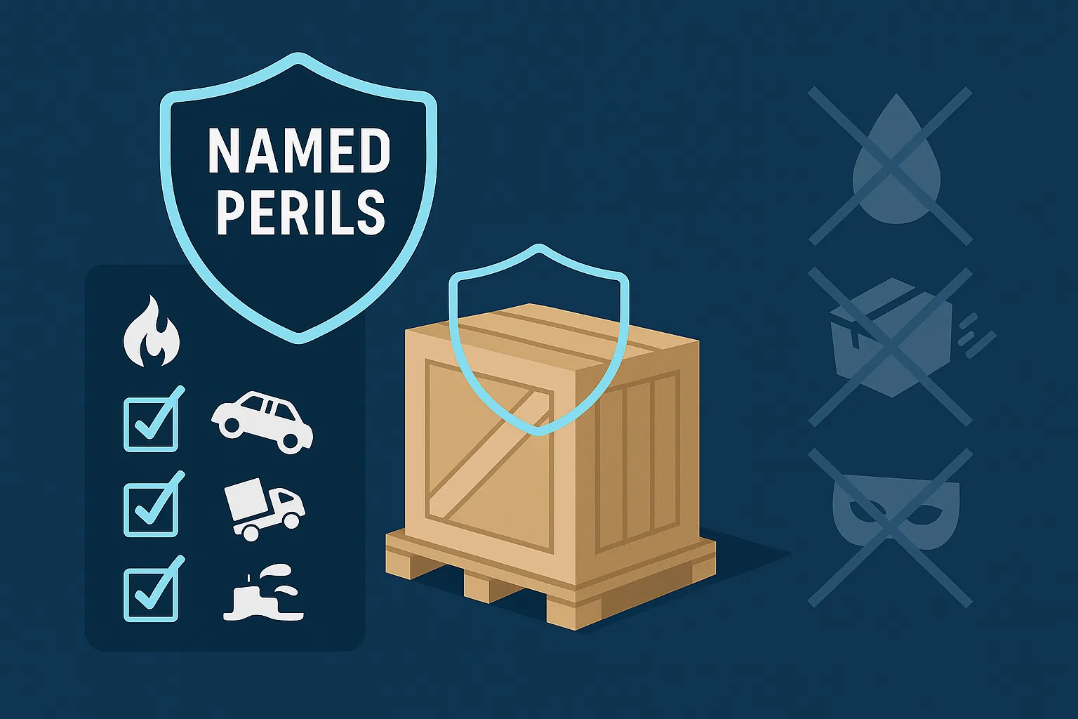 Named Perils shield with checked icons for fire, vehicle, transport, water damage beside a wooden crate