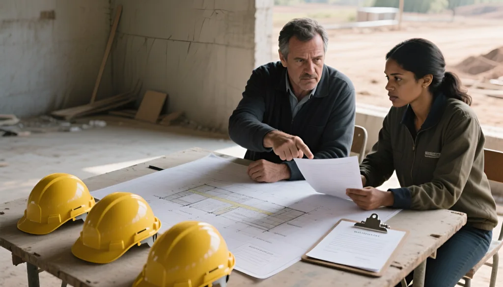 Man and woman reviewing building plans at construction site table with yellow hard hats