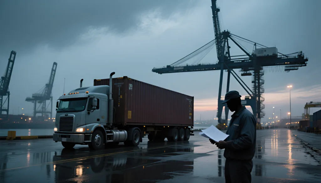 Worker checking paperwork beside a truck hauling a shipping container at a dusk port