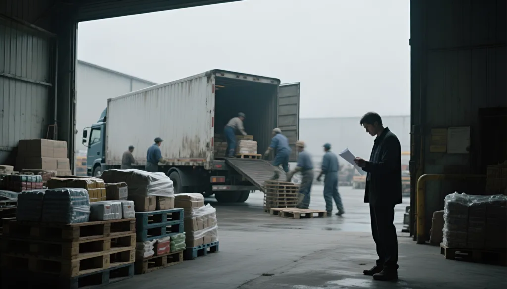 Warehouse worker reviewing documents while laborers unload pallets from a truck