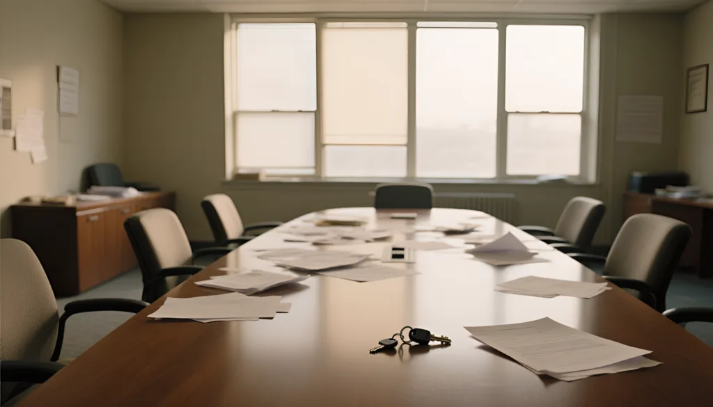 Empty conference room with scattered papers and keys on a long wooden table
