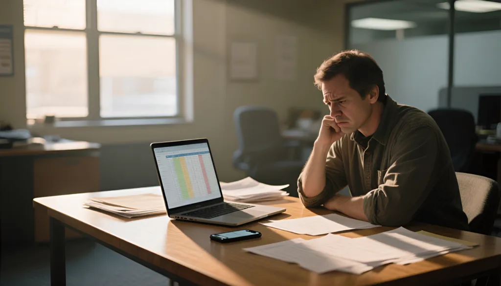 Man at office desk frowning at laptop spreadsheet, hand on chin, papers scattered nearby