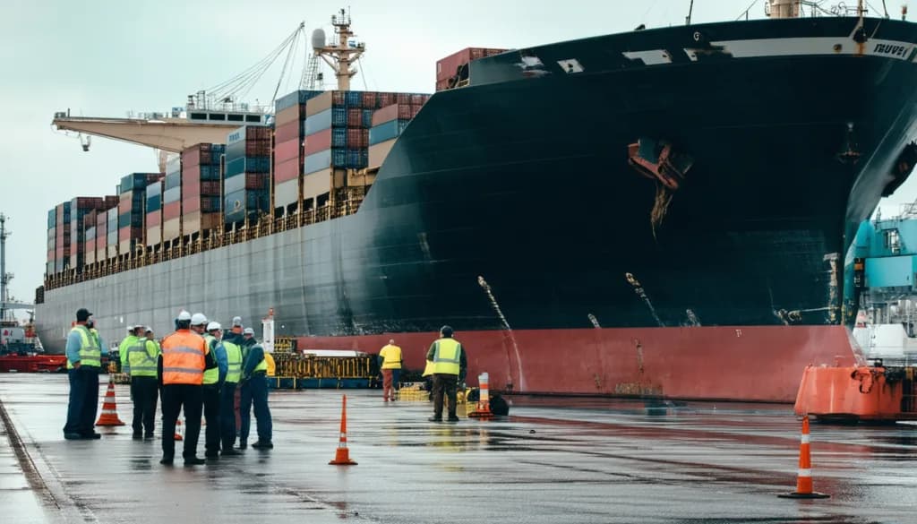Dock workers in high-visibility gear stand beside a large container ship at berth