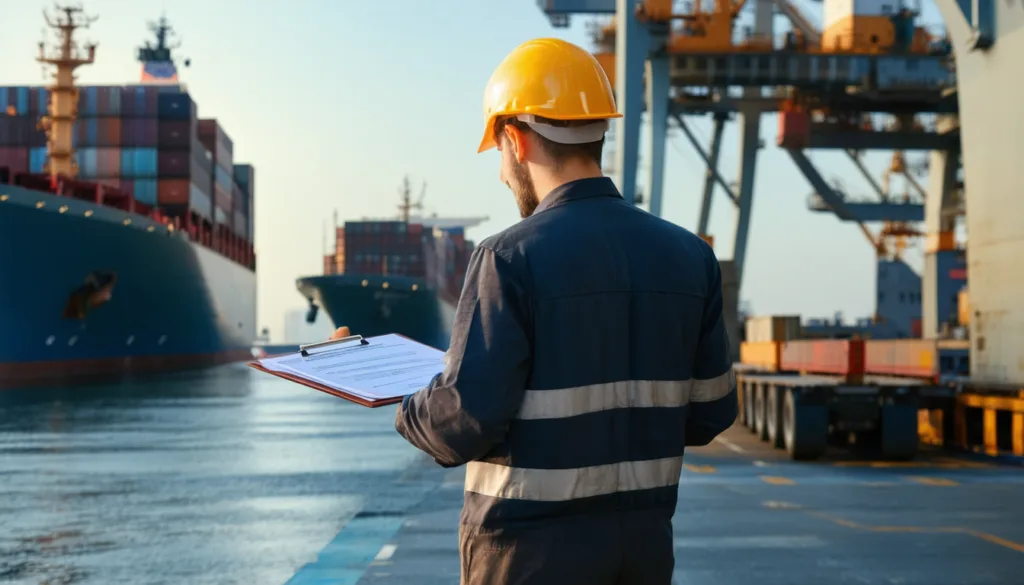 Port worker in hard hat holding clipboard, viewing container ships and cranes at dockside