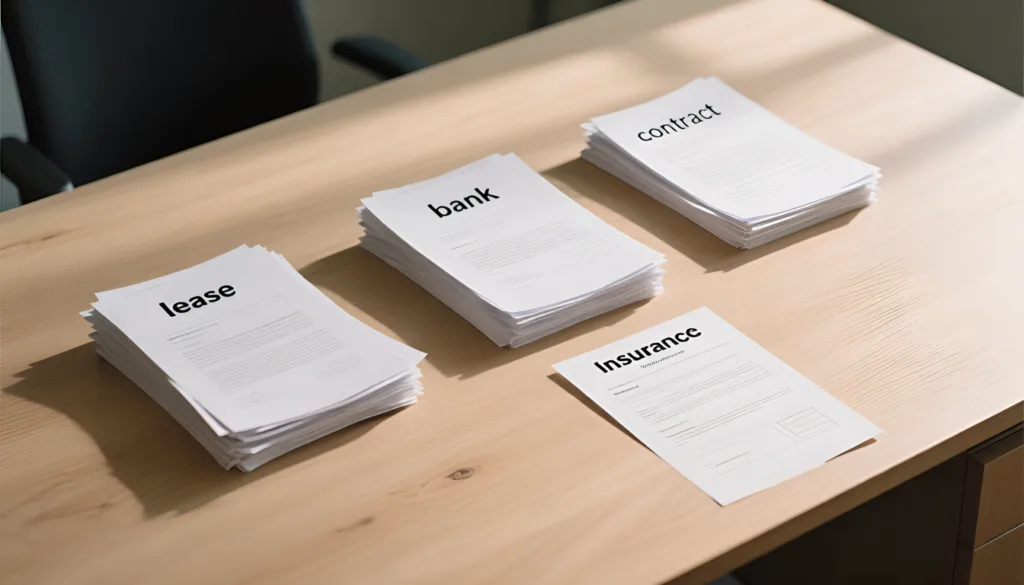 Stacks of papers labeled lease, bank, and contract beside a single insurance document on a desk