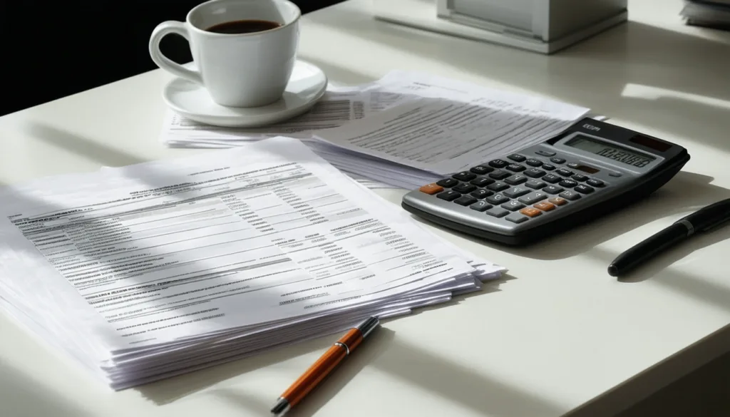 Desk with stacked paperwork, calculator, coffee cup, and pens representing insurance premium calculations