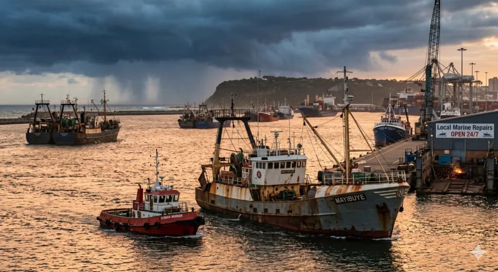Fishing trawler and tugboat in a harbour at sunset with storm clouds and cranes