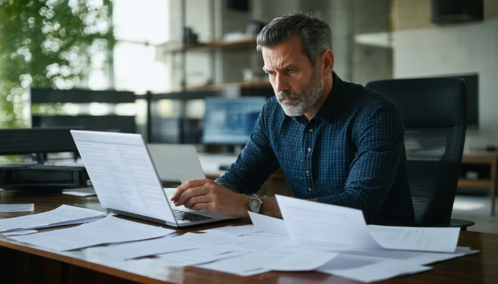 Man with grey hair frowning at laptop, surrounded by scattered paperwork on desk