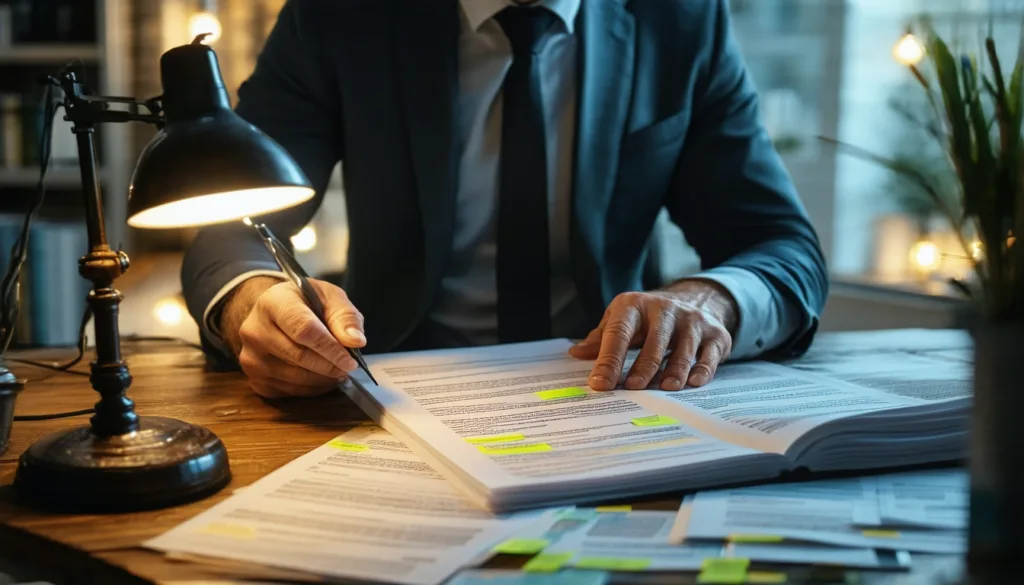 Man in suit reviewing highlighted insurance policy document with pen under desk lamp