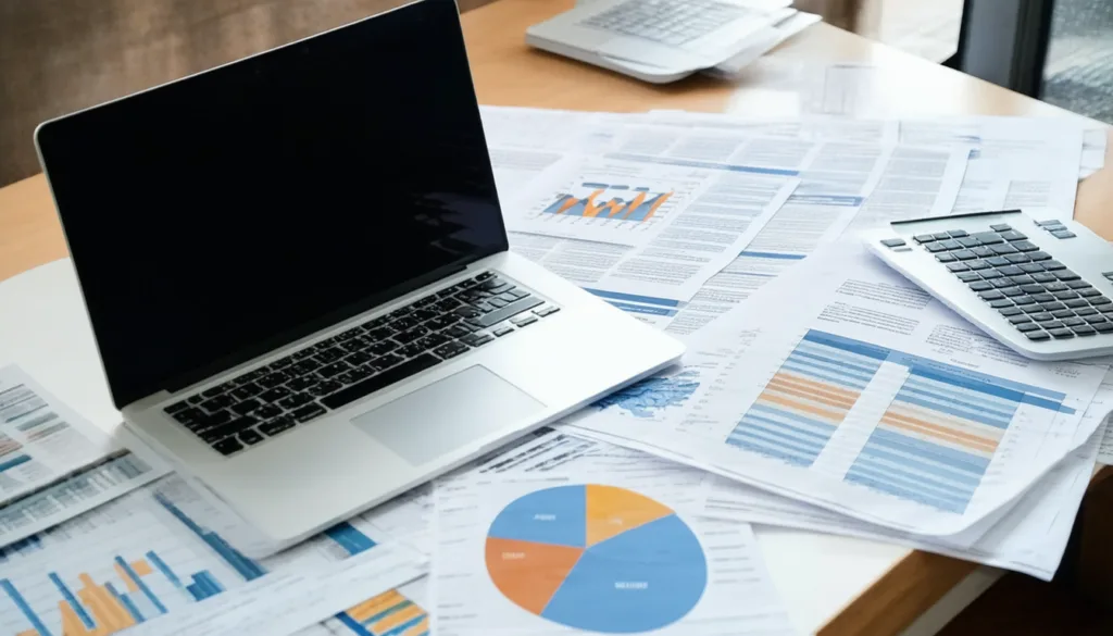 Laptop, calculator, and printed charts and graphs spread across a desk
