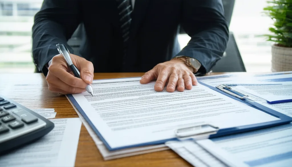 Businessman in a suit signing a document on a clipboard at a desk