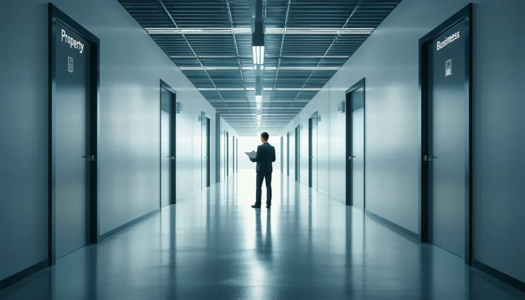 Man in suit holding papers in corridor lined with doors labeled Property and Business