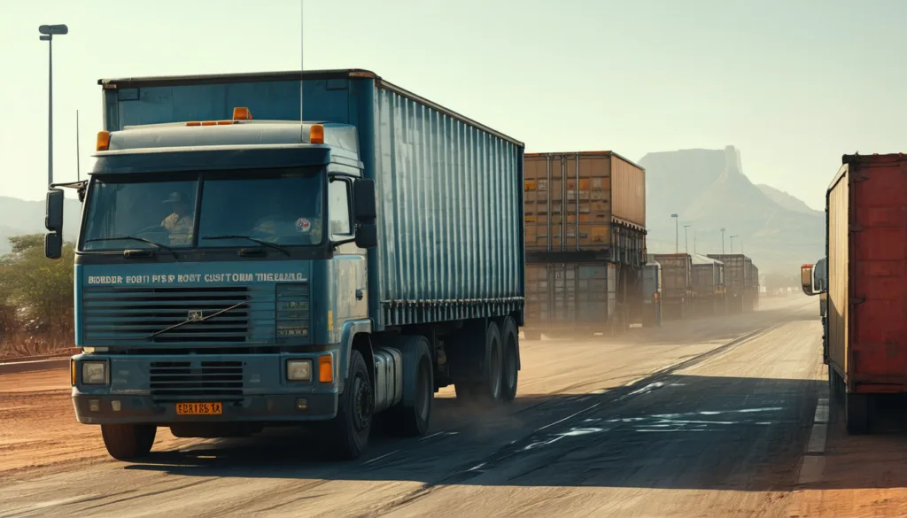 Blue cab-over truck hauling a container down a dusty road past parked freight trucks