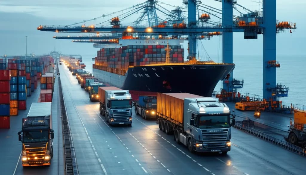 Container ship at port with cranes and multiple trucks transporting cargo containers at dusk