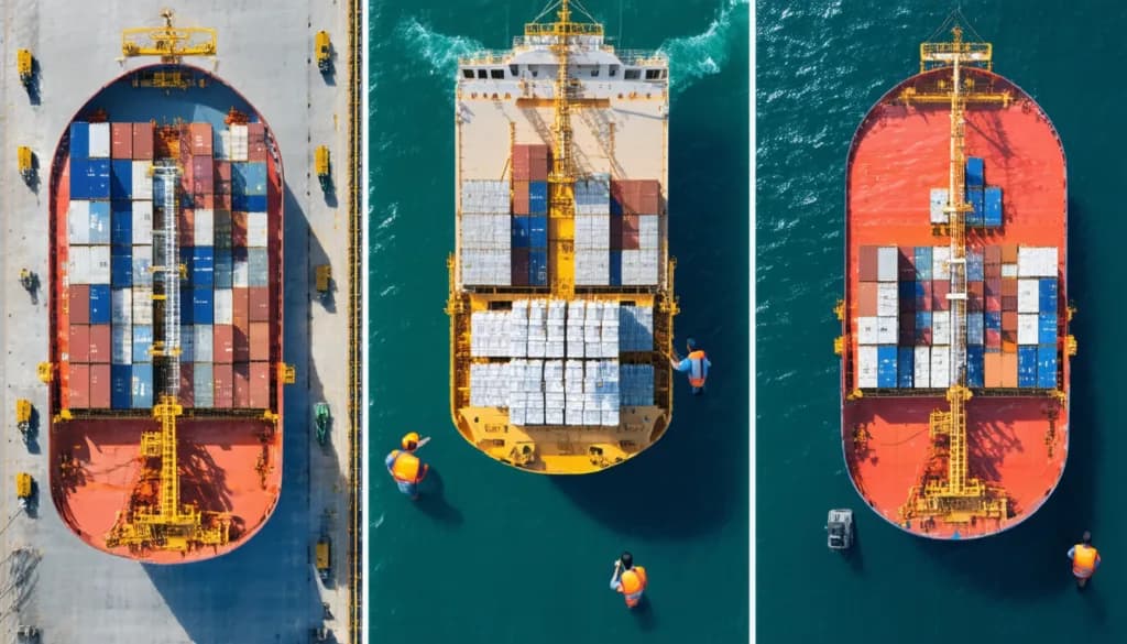 Aerial views of three container ships loaded with colorful cargo, docked at sea
