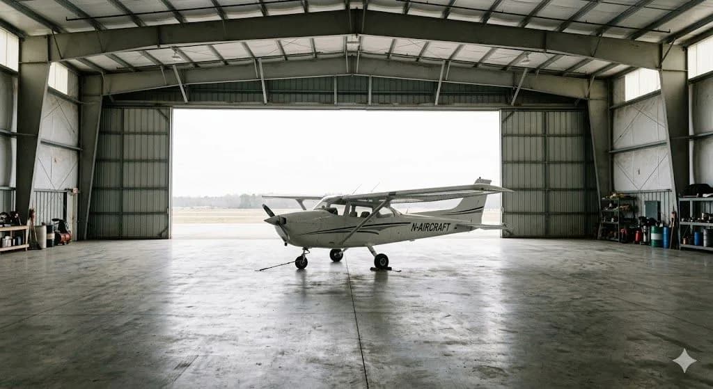 A light aircraft inside a rented hangar, showing where aircraft hull and liability insurance ends and hangar cover begins.