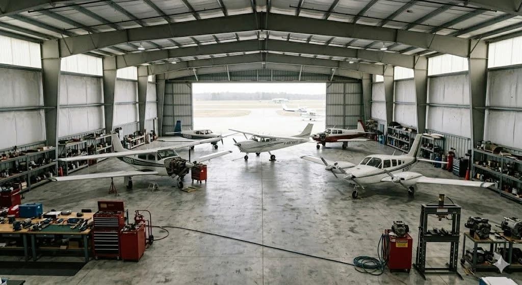 Small aircraft parked inside a metal hangar with tools and workbenches along the walls