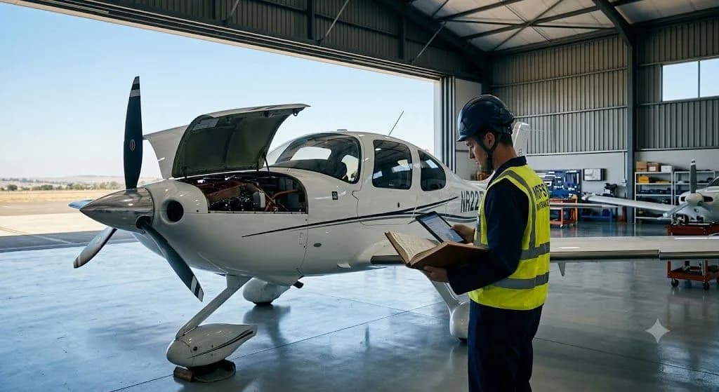 An aircraft mechanic reviewing maintenance logs in a hangar to prevent an aviation insurance claim rejection, optimized for core web vitals.