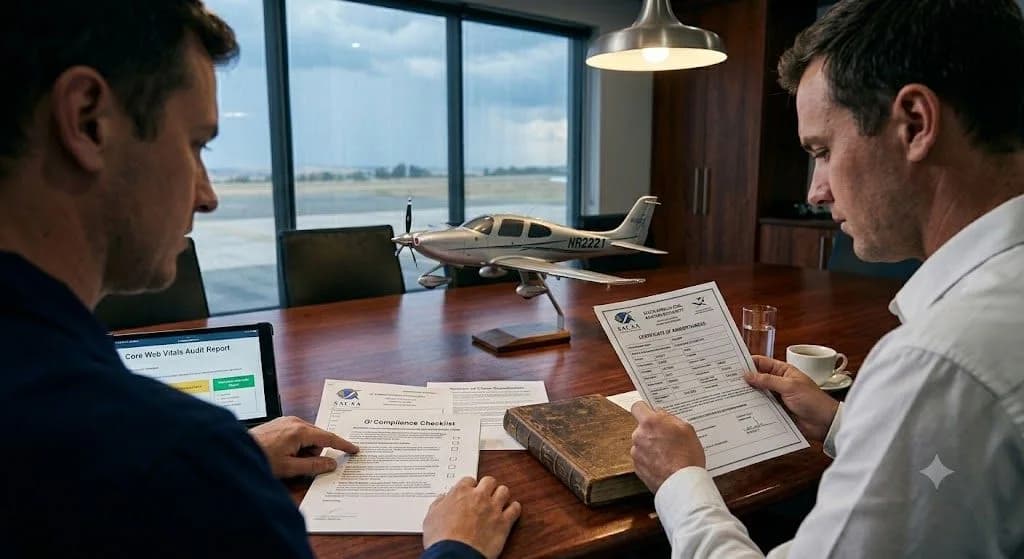 A close-up of an aviation insurance claim rejection letter sitting next to a pilot logbook, illustrating core web vitals of policy compliance.