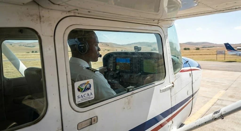 A pilot managing flight controls in a cockpit, highlighting how experience and training help lower the aviation insurance cost in South Africa.