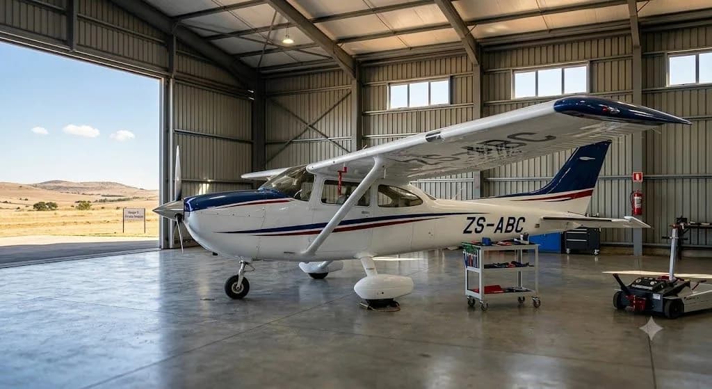 A well-maintained private airplane stored securely inside a hangar, showcasing factors that influence aviation insurance cost in South Africa.