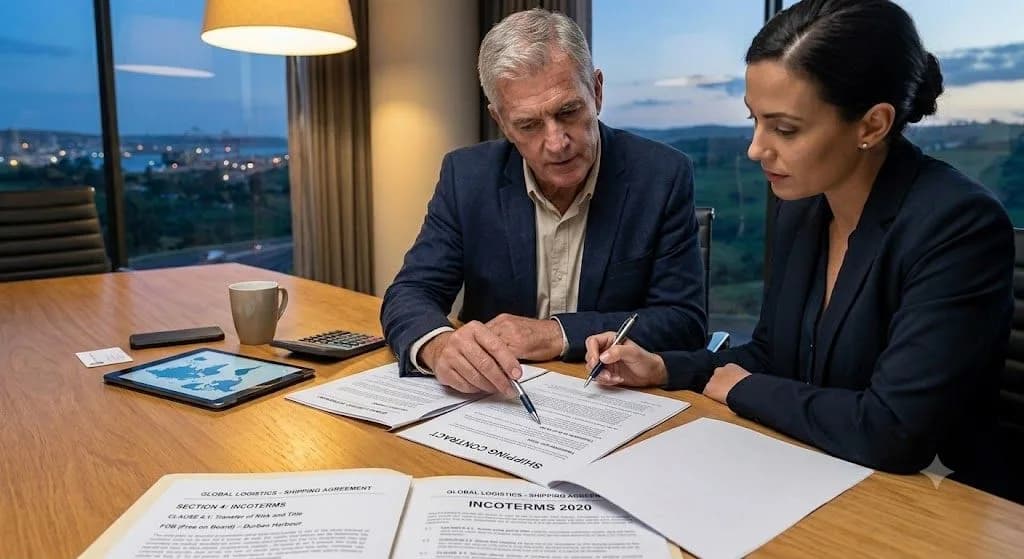 A close-up of a business professional reviewing a logistics sales contract highlighting Incoterms and trading conditions to close insurance gaps