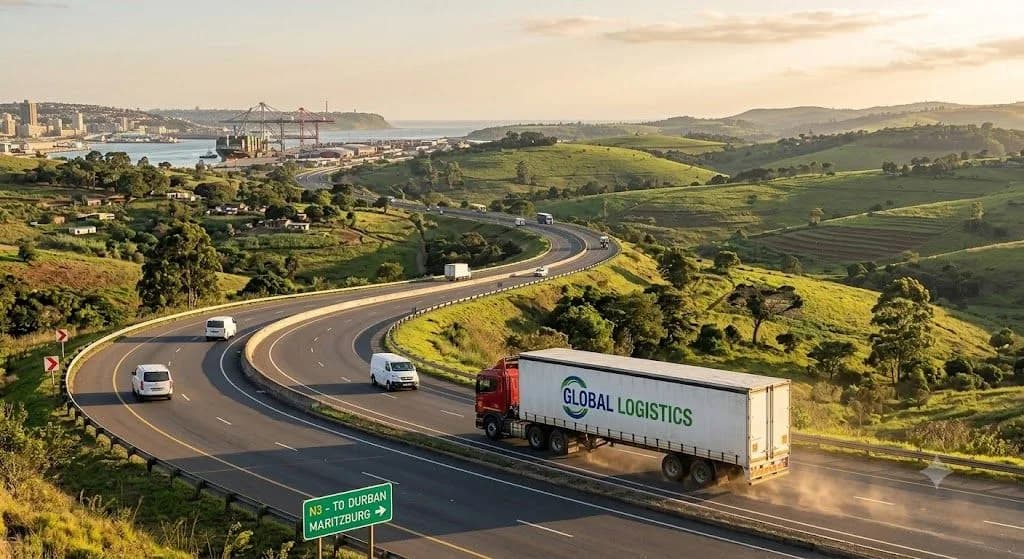 Global Logistics truck on a winding highway near Durban, with harbour and green hills beyond