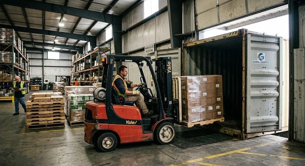 A forklift operator carefully unloading pallets from a shipping container inside an industrial warehouse, illustrating a successful warehouse-to-warehouse covered transit.