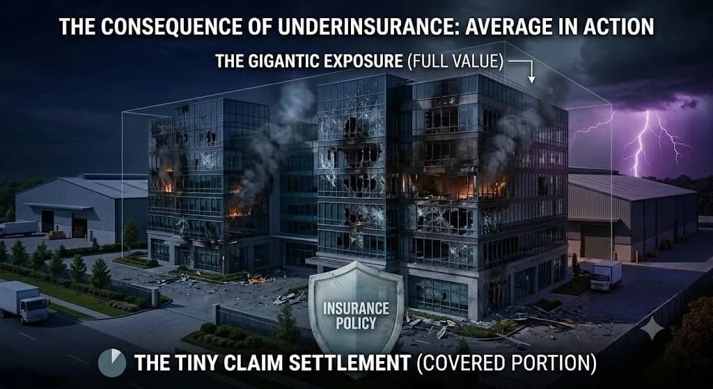 Two columns illustrating the insurance average gap between a building's replacement value and its sum insured.