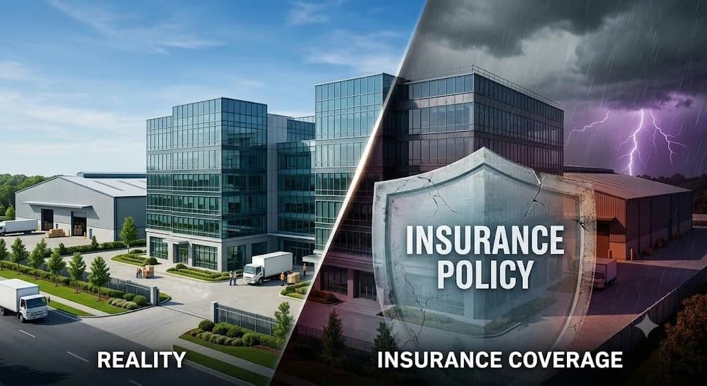 Diagram showing how insurance average reduces a claim payout in proportion to underinsurance on a policy schedule.